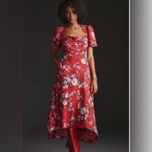 Anthropologie Maeve Sz 14 Red Floral Puff Sleeve Hi Lo Square Neck Midi Dress